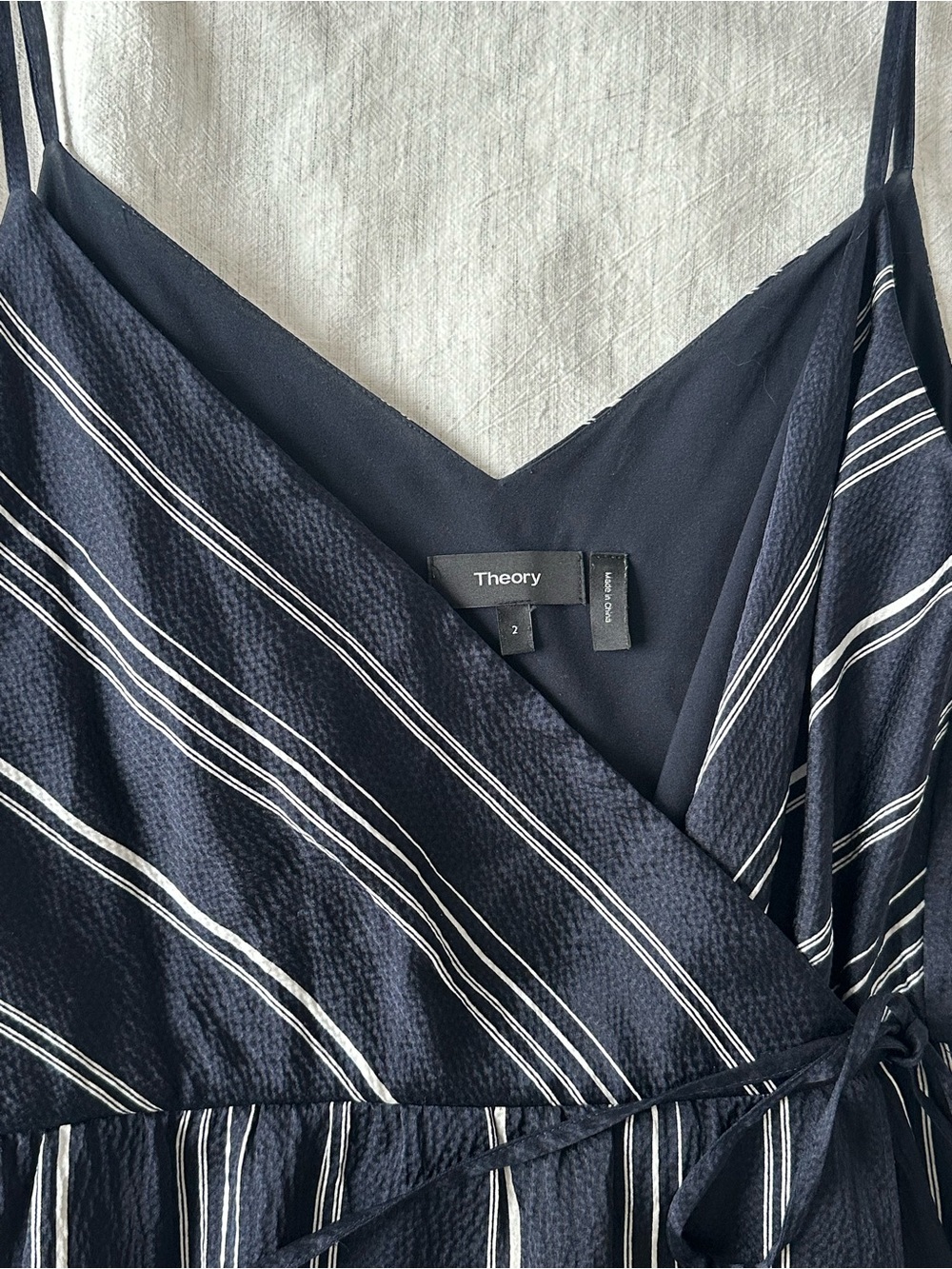 Theory Navy and White Striped Strapless Wrap Dress